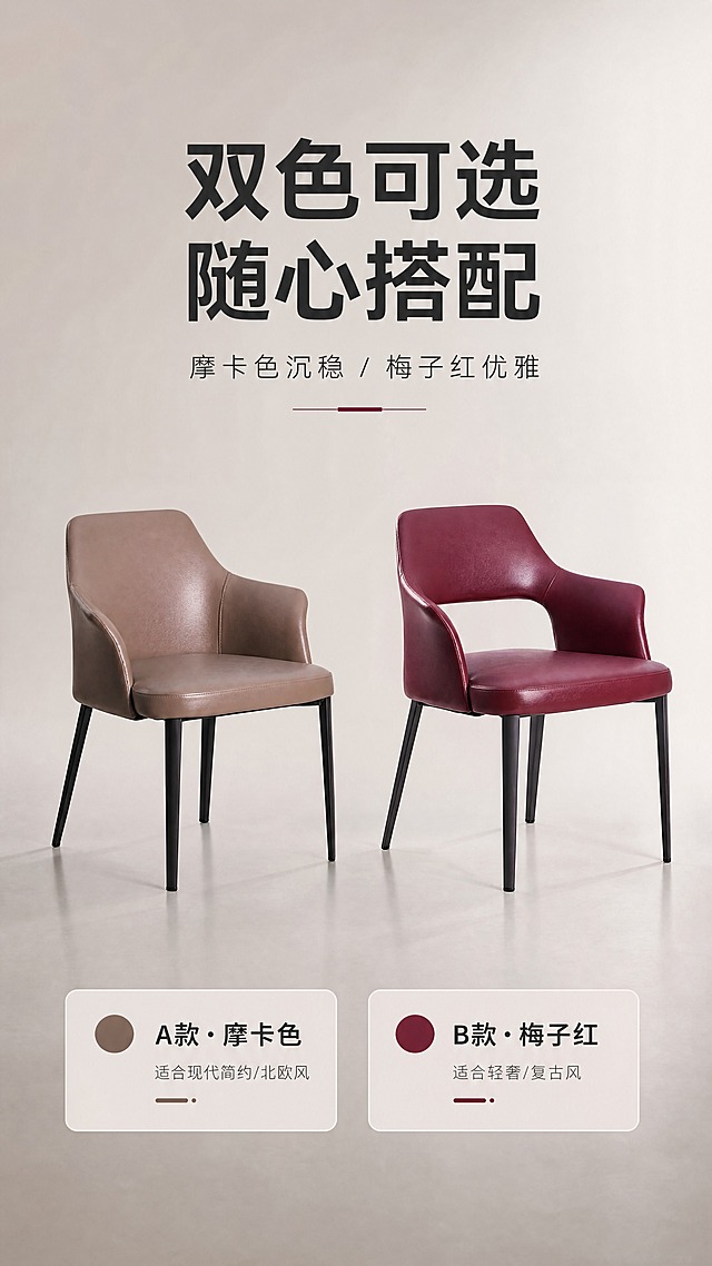 [商品] 使用【图1】DY-8853A餐椅双色款，左侧摩卡色、右侧梅子红；保留各自颜色、整体造型、碳素钢黑腿、仿真皮质感，不改变结构比例。
[画面] 目标：SKU双色选购页，引导选色决策。构图：双色矩阵型，上下分区，上半区文案标题，下半区左右两把餐椅并排陈列（左摩卡色、右梅子红），统一光影角度，产品占画面约65%。背景为简洁浅灰渐变，突出双色对比。前中后景：前景地面光影、中景双椅主体、后景简洁背景。
[视觉] 套系策略：风格=现代轻奢家居商业摄影；标题字=现代无衬线粗体；正文字=简洁无衬线体；主色=摩卡棕；背景延展=基于摩卡棕做深浅层级、同色渐变和细腻哑光质感；强调色=梅子红，仅用于小面积图标、引线和标签；标题色=深炭灰；正文色=中暖灰；组件=圆角浅底信息卡、细线引线；光影=正前方柔光，均匀展示双色真实质感。
[文字] 顶部主标题「双色可选 随心搭配」（8字），副标题「摩卡色沉稳 / 梅子红优雅」（10字）。下方每款椅子下方对应色名标签：「A款·摩卡色 适合现代简约/北欧风」「B款·梅子红 适合轻奢/复古风」。文字不遮挡餐椅主体。
[规格] 淘宝/天猫详情页，单屏比例9:16竖版，分辨率4K，quality=medium。避免变形、错字、文字过小、冷蓝背景、产品颜色改变、结构失真、极限词。