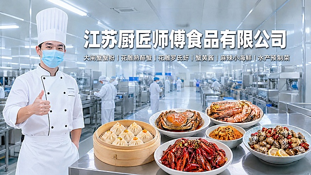 把文字“江苏厨匠师傅食品有限公司”和产品线小字移动到图片中间稍微偏上方一点的位置，其余内容保持不变，保持整体明亮干净食品工厂风格，写实摄影，高清商用，无任何水印无角落生成标识