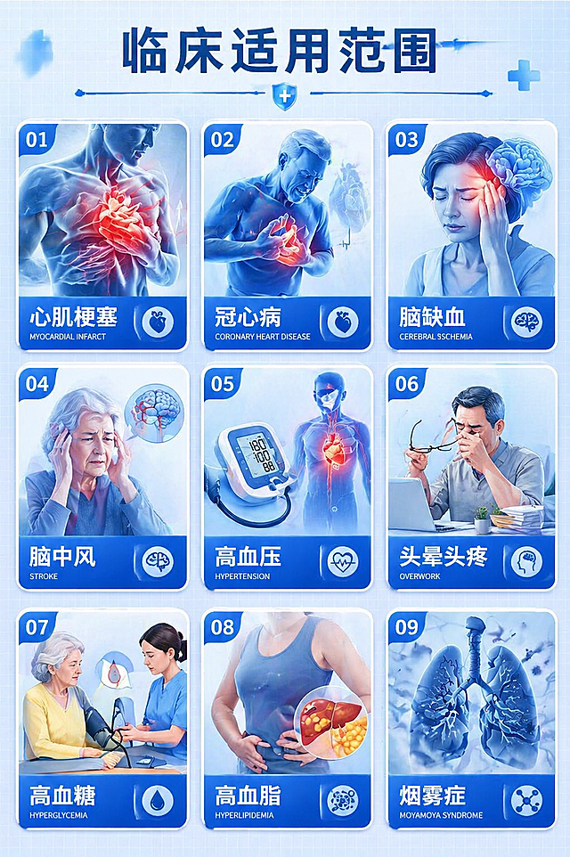保留原图所有文字内容不做任何修改，更改文字字体，重新调整排版布局和整体模板结构，重新生成九个病症对应的医疗插画图像，保持蓝色专业医疗风格，插画内容和构图需要变化