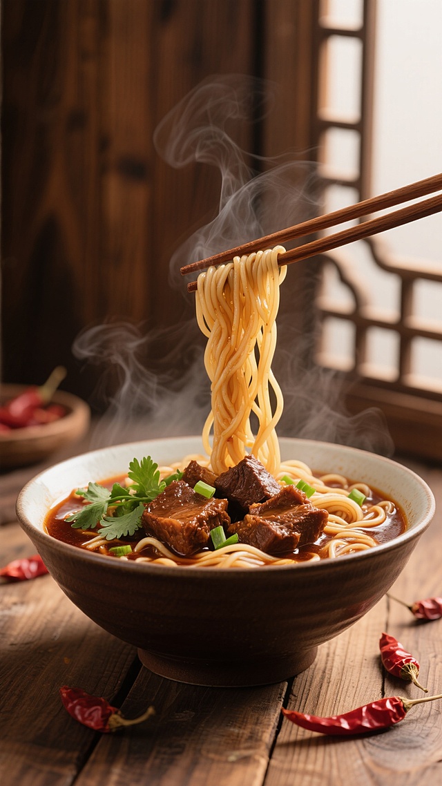 超写实美食摄影风格，一碗热气腾腾的中式面条，深棕色浓郁汤汁，面条被木筷挑起呈现自然垂坠感，碗中点缀大块炖煮至软烂的酱色肉块、翠绿香菜和葱花，碗边散落鲜红完整干辣椒，背景为古朴木质纹理与中式格栅窗的模糊剪影，整体暖色调（棕红、赭石、暖黄为主），侧上方柔和主光源形成明显高光与阴影对比，突出食物质感与立体感，大面积留白处理增强画面呼吸感与简约高级感，木质桌面纹理清晰，整体氛围温暖诱人，细节丰富，色彩和谐统一。