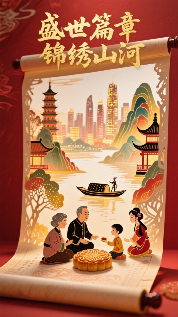 中秋国庆以红色为主色调营造出喜庆氛围，上方金色书法字体“盛世篇章 锦绣山河”醒目突出，展开的卷轴上立体呈现山水建筑景观，传统塔楼、亭子与CBD灯火交相辉映，乌篷船点缀其间，爷爷、奶奶、爸爸、妈妈、小男预览效果