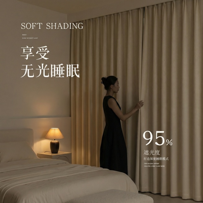 不改变窗帘的面料材质，切换不同的家装场景（最好是现代风奶油风），要求是在昏暗的室内，展示窗帘的遮光效果很好，改变角度，保留文字，一次生成4张；预览效果