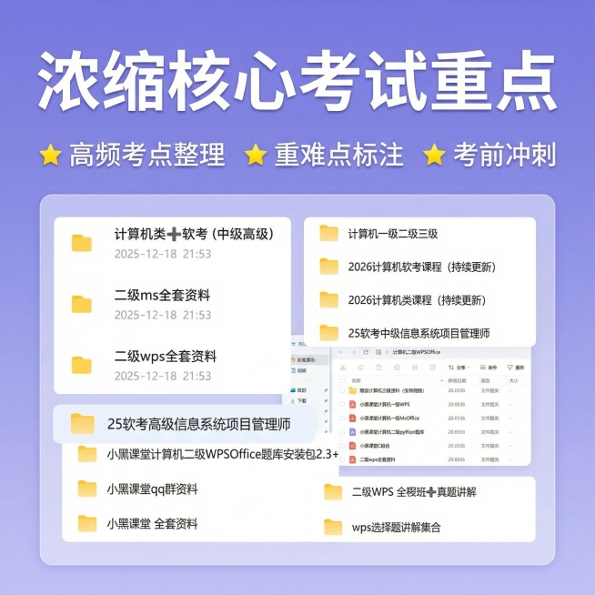 [第14张主图] 考试重点资料展示
[主图主题] 考前核心重点梳理
[氛围/风格] 简洁高效
[画面元素] 浅紫色渐变背景，中心展示网盘资料中考试重点相关文件夹，搭配部分讲义文件截图，突出重点内容
[预览效果