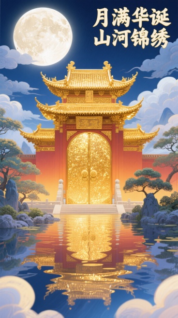 在静谧的中式园林场景中，一轮皎洁的明月高悬夜空，洒下银白的光辉。一座传统中国宫殿大门矗立眼前，整体呈现金色，拥有多层结构与弯曲的飞檐，飞檐上的瓦片纹理清晰，边缘微微上翘，尽显古韵。大门表面覆盖着闪闪发预览效果