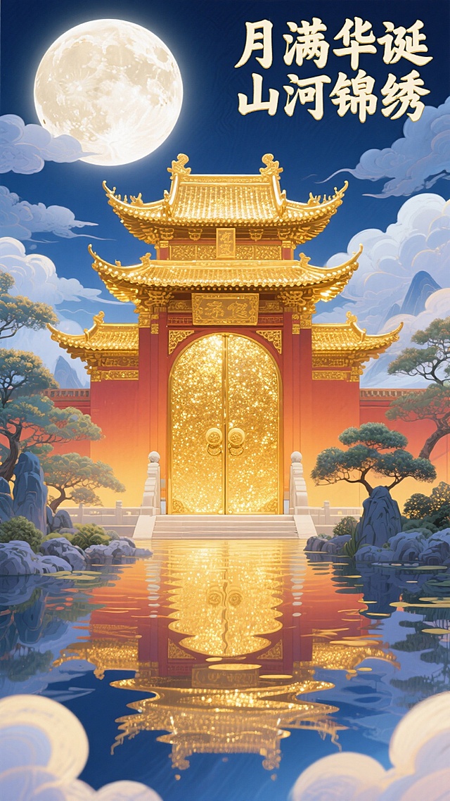鎏金宫殿映月辉，国潮插画风，重拟物设计，融合中式古典与梦幻奢华，静谧神圣中透出山河锦绣的节日华诞之气。