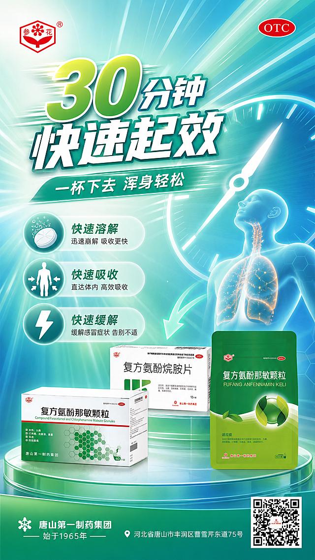 药品快速起效宣传海报，竖版9:16。画面主体是参花牌复方氨酚那敏颗粒产品，100%还原上传商品图的产品外形、包装、LOGO。背景为动感的蓝绿色渐变，有速度线和时钟元素，体现快速。主标题大字："30分钟 快速起效"，副标题："一杯下去 浑身轻松"。左上角参花Logo，右上角OTC标识。画面有时钟指针、闪电速度图标、人体吸收示意图，配文字："快速溶解 快速吸收 快速缓解"。底部企业信息栏："唐山第一制药集团 始于1965年"，地址："河北省唐山市丰润区曹雪芹东道75号"，右下角二维码。整体风格动感高效、科技医疗风，蓝绿渐变，版式精美。