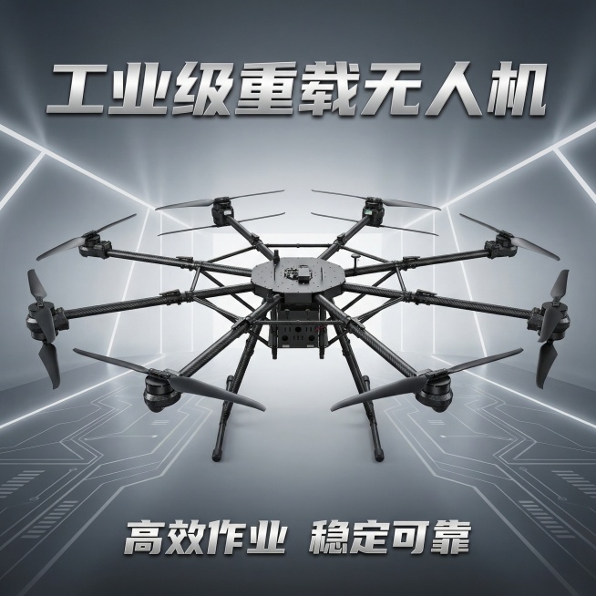 工业级八旋翼无人机，放置在科技感灰色渐变背景中，无人机主体清晰突出，机身细节锐利，光影硬朗，画面上方添加大字标题"工业级重载无人机"，下方标注"高效作业 稳定可靠"，整体风格专业科技，视觉冲击力强预览效果