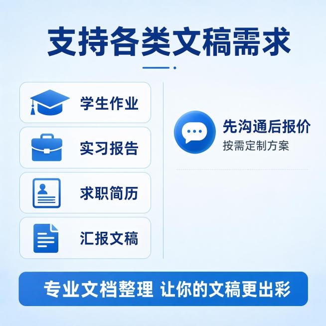 重新生成这张海报，保持现有版式和蓝色简约专业风格，删除"支持免费修改 直到满意"字样，保留其他所有文字内容：主标题"支持各类文稿需求"，左侧项目：学生作业、实习报告、求职简历、汇报文稿，右侧保留"先沟预览效果