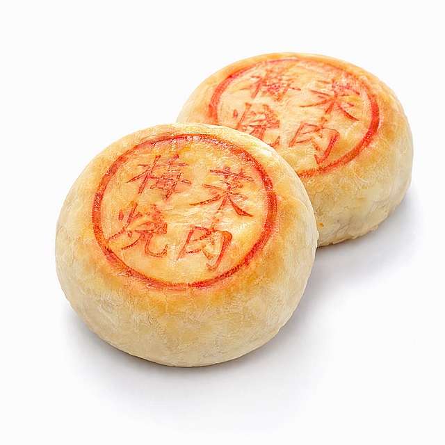 产品精修，梅干菜鲜肉月饼（完整款），置于纯白背景上。专业商业棚拍光，5500K标准中性白光，轮廓光，体积光，曝光正确，强烈真实立体感。接地处保留干净浅淡的自然接触阴影。主体居中，画面中保留2个完整的鲜肉月饼，一前一后摆放，去除烤盘和其他月饼，商品外轮廓视觉体量约画面70%，四边均匀留白。极致超清画质，细节清晰锐利，4K分辨率，商业级实拍质感。月饼表皮金黄酥脆，表面红色印章文字清晰工整，酥皮层层分明有光泽。色彩鲜艳饱和，金棕色和红色印章对比鲜明。锁定原图月饼轮廓、结构和纹理细节，只做精修不重绘结构。酥皮松脆有层次，表面印章清晰，整体圆润饱满。前侧视图，标准透视校正，正常透视焦段。比例1:1。
