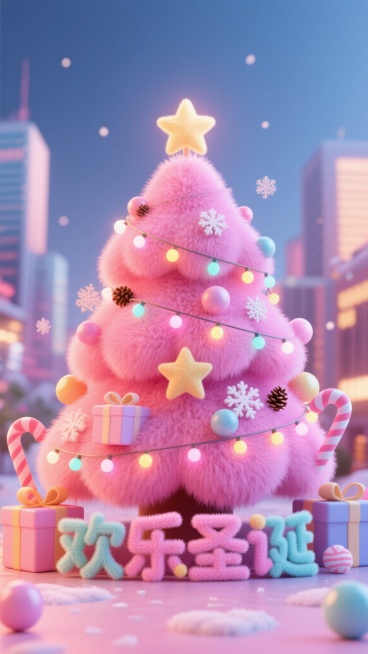 虚化的城市毛绒背景，画面中央有一个巨大的粉色毛绒绒圣诞树，圣诞树上缠绕着闪烁的彩灯，点缀着马卡龙色的毛绒礼盒、五角星、糖果和圆球，树下有一行糖果色毛绒质感的文字“欢乐圣诞”，文字上装饰着雪花和松果预览效果