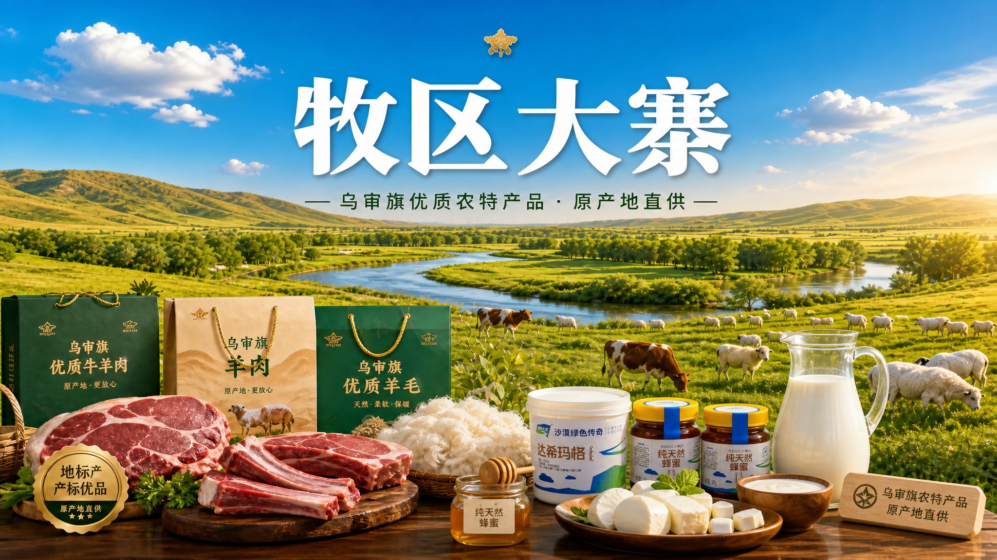 参考图整体风格：乌审旗绿色草原河流生态背景，蓝天白云，前景木桌… - 图片创意预览