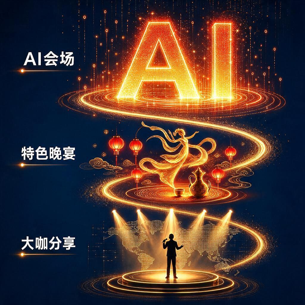 正方形构图，深蓝色渐变背景。一条金色光带从顶部S形蜿蜒盘旋到底… - 图片创意预览