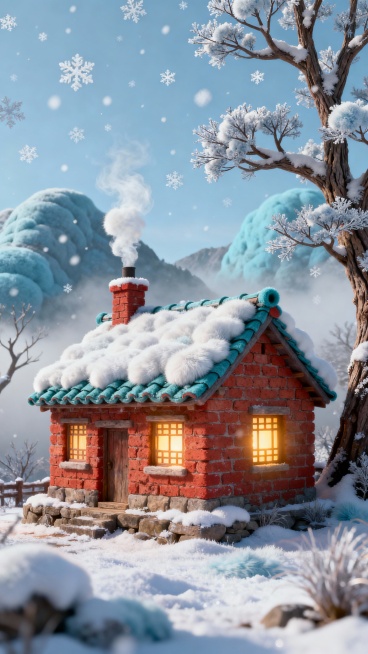 冬日雾雪乡间房屋，红砖砌成的墙，青瓦屋顶：屋顶覆满厚雪，暖黄灯光从窗棂透出，烟囱袅袅升白烟；周围枯树挂霜，远山隐于朦胧雾气，雪花轻飘，冷色调中裹着静谧温暖的氛围，细腻光影，奇幻治愈的冬日乡村景象预览效果