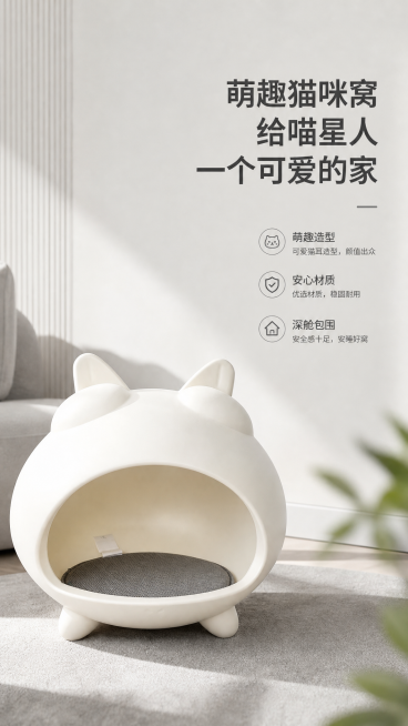 拼多多萌趣宠物窝商品首图，展示整体颜值，圆润卡通耳造型，半包深舱设计，高级灰家居场景风格，简约高级氛围，搭配文字标题"萌趣猫咪窝 给喵星人一个可爱的家"预览效果