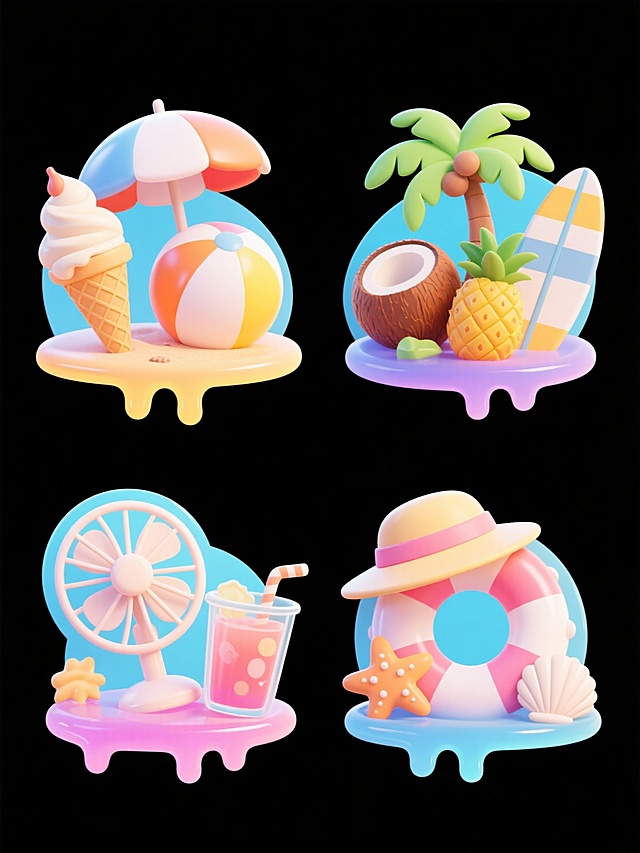四个相同3D立体卡通风格的夏季主题装饰图案，保持半透明果冻渐变质感、融化滴落效果、圆润可爱造型和纯色背景，每个图案包含不同的夏季元素组合：第一个图案有冰淇淋蛋筒、太阳伞和沙滩球，第二个图案有椰子树、菠萝和冲浪板，第三个图案有风扇、冰饮杯和遮阳帽，第四个图案有游泳圈、海星和贝壳，所有图案色彩各异但保持明亮欢快色调，呈2x2网格规整排布。