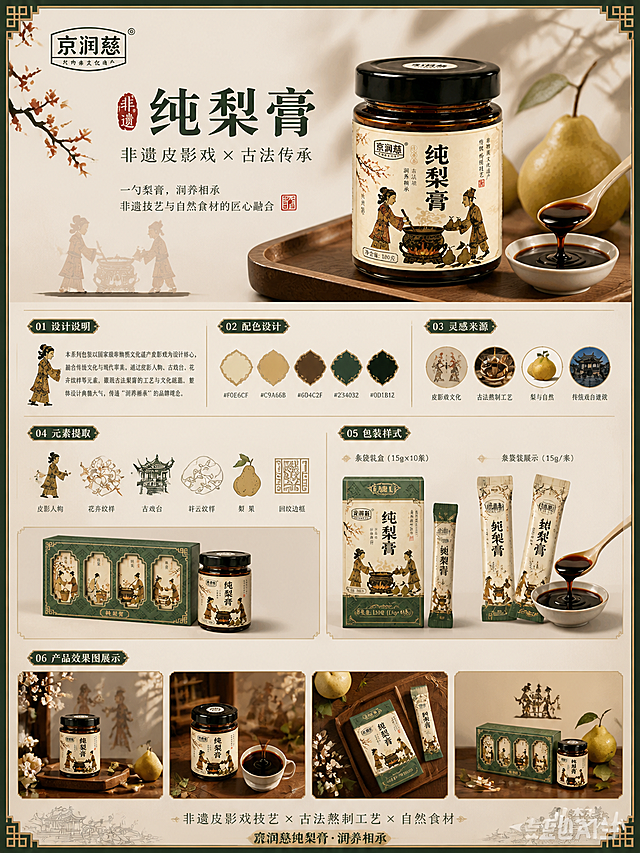 设计一张非遗皮影戏京润慈纯梨膏的竞赛展板，竖版3:4，高端杂志排版，留白合理，高级简约商业风，视觉统一，信息主次清晰。包含以下模块：设计说明、配色设计、灵感来源、元素提取、包装样式（包含罐装礼盒使用图二设计，新增条袋装盒子和条袋装展示图）、产品效果图展示（多个产品图搭配简约高级商业背景），每个模块配有精致插画。整体融合非遗皮影戏元素，风格中式高端，高清超清，细节充足，文字边缘清晰，图标锐利，印刷级排版，字迹清晰可印刷。参考图三的信息展板排版结构，采用国潮中式精致边框设计。