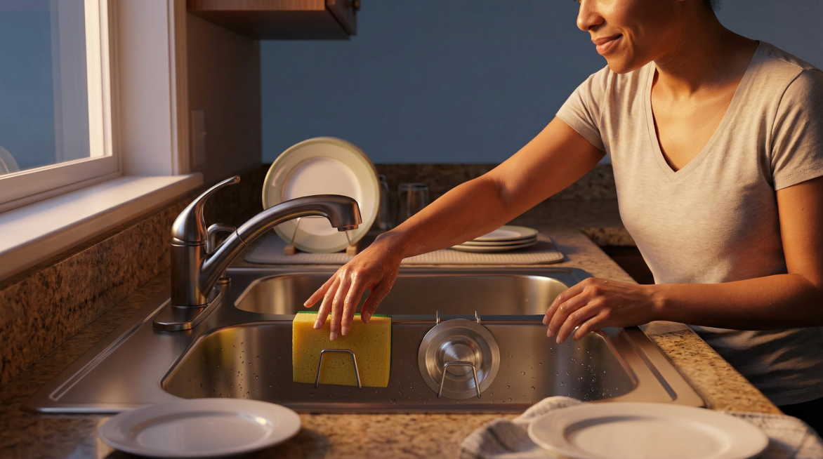 傍晚暖光下的美式厨房，欧美女性洗完碗后把海绵放在挂在不锈钢水槽边的同款收纳架上，收纳架主体特征保持不变，画面温馨有生活感预览效果