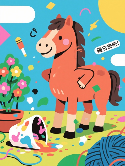 一张传达豁达态度的现代矢量插画风格海报。卡通马面对着一团糟的小意外（如打翻的花盆、洒落的颜料、乱作一团的毛线），但它没有慌张，而是蹄子一摊，肩膀一耸，做出一个“随它去吧”的幽默表情，甚至带点得意的笑。预览效果