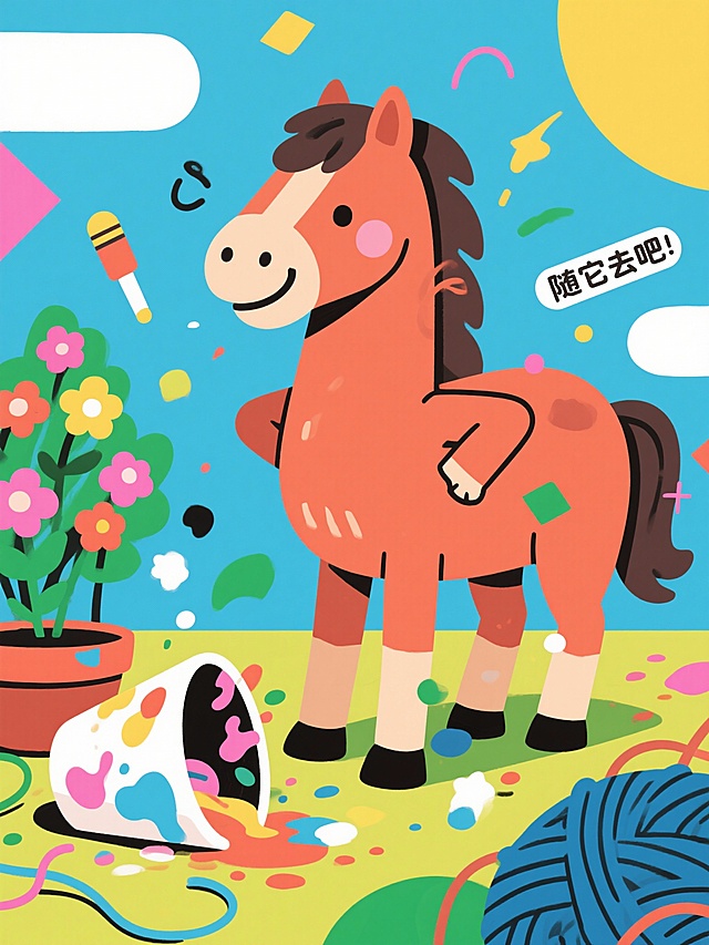 一张传达豁达态度的现代矢量插画风格海报。卡通马面对着一团糟的小意外（如打翻的花盆、洒落的颜料、乱作一团的毛线），但它没有慌张，而是蹄子一摊，肩膀一耸，做出一个“随它去吧”的幽默表情，甚至带点得意的笑。画面可以有些许漂浮的混乱元素，但整体氛围轻松。色彩明快活泼，光线明亮。采用略带夸张的漫画式构图，突出角色洒脱的肢体语言和表情。 --no childish, crude