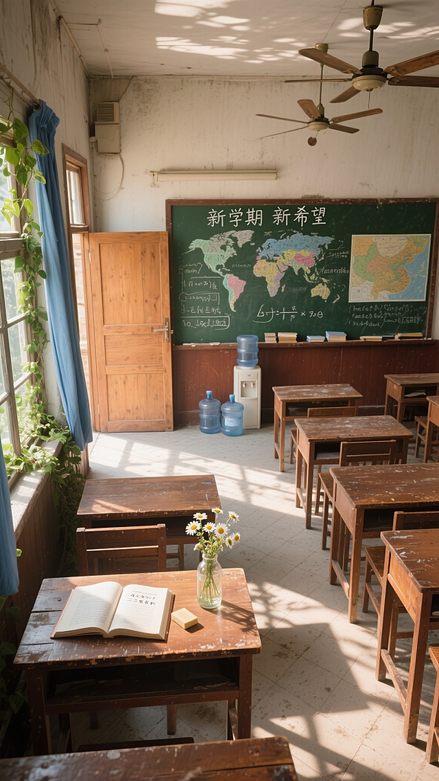 全景俯拍视角，在一座被晨光温柔唤醒的百年老校舍三楼走廊尽头，一间微微敞开着木门的教室正悄然诉说着时光故事——褪色的墨绿色黑板上用白色粉笔写着数学公式和几句潦草的励志格言，黑板边缘还挂着泛黄的世界地图，阳光透过爬满常春藤的玻璃窗，在地面切割出菱形光斑，光斑中漂浮着细小的尘埃。二十张核桃木课桌呈整齐的四列排列，每张桌面上都有深浅不一的刻痕，其中一张靠窗的课桌上，压着半块橡皮、翻开的语文课本（第三十七页的《从百草园到三味书屋》被阳光照亮），以及用玻璃瓶装着的野雏菊。教室后方的黑板报上用彩色粉笔绘制着"新学期新希望"的主题画，角落的饮水机旁堆着几个空水桶，墙角的老式吊扇正缓慢转动，在天花板上投下旋转的阴影，空气中弥漫着粉笔灰、旧书本和淡淡消毒水混合的味道，色调以温暖的赭石色木质纹理为基底，点缀着苔藓绿黑板与天蓝色窗帘的清新对比。
