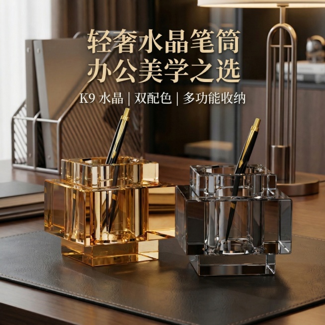 主标题「轻奢水晶笔筒 办公美学之选」，副标题「K9 水晶 | 双配色 | 多功能收纳」 其他不变 就是加上文案预览效果
