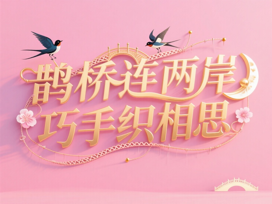 横向金色文字"鹊桥连两岸，巧手织相思"。字体设计成桥梁弧度，笔画间穿插针线、织锦纹理，点缀两只喜鹊，拱桥，月亮，花朵元素，线条流畅，高级感，粉色背景，高纯度配色。预览效果