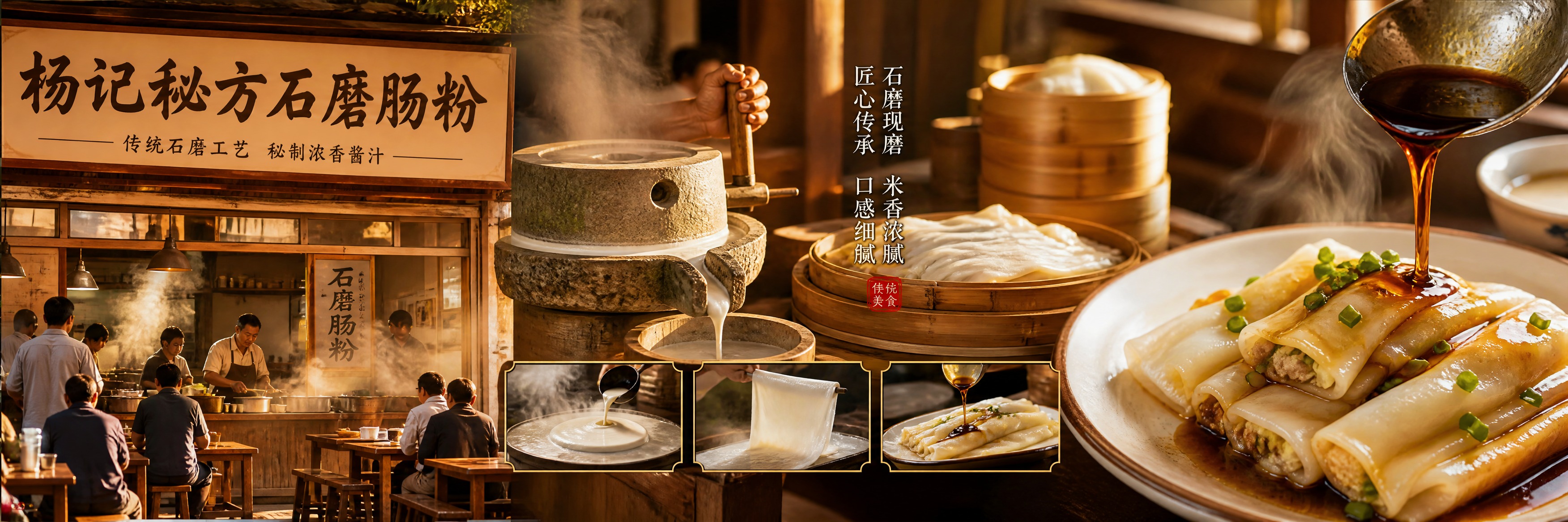早餐店海报设计，横版长幅海报，店名"杨记秘方石磨肠粉"，真实写… - 图片创意预览