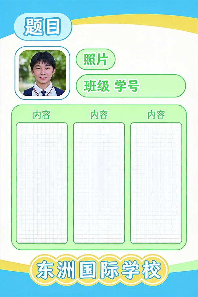 设计一个适合初中生学校展示的60cm×90cm版面，按照参考图的排版，包含标题栏、照片位、班级学号栏、大内容区域，底部标注东洲国际学校，风格简洁明快，符合校园展示氛围