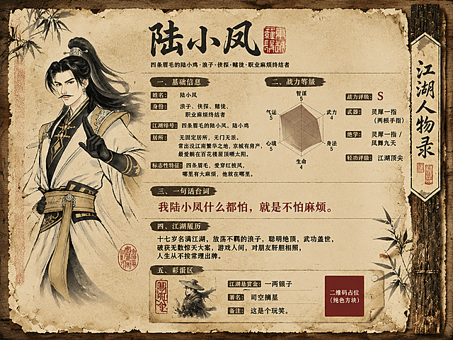 将这张陆小凤江湖人物档案海报重新排版为A4横版（横向）。保留原图的全部内容、古风做旧纸张风格、水墨竹子、红色印章、撕裂毛边、竖排木牌题签等所有装饰元素和文字信息，仅调整版式布局以适配横版比例：人物立绘移至画面左侧或右侧，档案信息分区横向展开，整体构图平衡饱满，文字清晰可读，所有文案内容与原图完全一致不得删减。