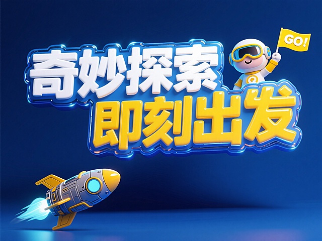 “奇妙探索 即刻出发” 果冻质感艺术字（白色文字+黄色超厚侧面）+蓝色外扩玻璃描边，带顶部高光与底部投影；文字（右上角装饰戴护目镜、举 “GO” 黄旗的跃动 Q 萌探险角色，左下角配刻有机械纹理、带发光舱体且尾部显淡蓝喷射光的未来火箭）；背景为深邃的蓝色