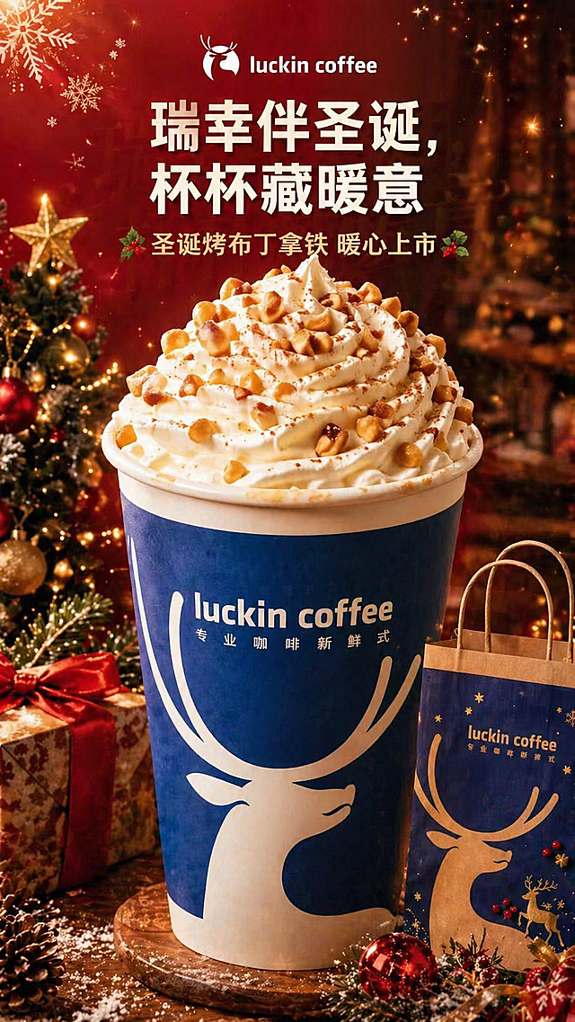 修改这张瑞幸咖啡圣诞海报：1. 将主标题“瑞幸伴圣诞，杯杯藏暖意”整体缩小，位置向上移动，给中间的咖啡杯留出中心位置；将主标题字体简化，去掉多余的花体卷曲装饰，换成瑞幸常用的无衬线粗体。2. 在主标题下方添加一行小字标语“圣诞烤布丁拿铁 暖心上市”。3. 去除三分之一的次要元素，删除右边的灯笼、左下角的雪人和拐杖糖，只保留左侧的圣诞树和右下角的手提袋作为辅助装饰。4. 将中间的咖啡杯进一步放大，让奶油顶延伸到画面上半部分，突出咖啡杯主体。保持原图9:16尺寸和整体红棕色圣诞色调不变。
