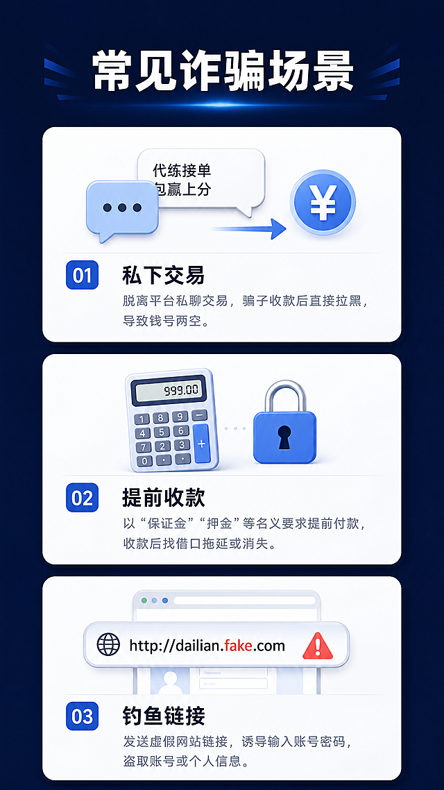 [第2屏] 常见游戏代练诈骗场景展示。
[氛围/风格] 情景科普风，深蓝色背景搭配醒目标题，图文清晰对比，阅读感舒适。
[元素布局] 顶部标题栏，下方分三个卡片区域展示三种典型骗局，每个骗局配简化场景小图标："私下交易"图标聊天气泡+转账符号，"提前收款"图标计算器+锁，"钓鱼链接"图标假网站链接。每个卡片包含场景标题和1-2句描述，图标在上文字在下，三卡片并排排列，整齐分布。
[光影质感] 卡片白色柔光背景，深蓝色主背景，每个卡片阴影自然，文字区域光线均匀清晰。
[配色色系] 全局底色#0F172A（深蓝）；卡片背景#F8FAFC（浅白）；标题文字#1E293B（深灰）；描述文字#64748B（浅灰）。
[视角构图] 纵向通屏排版，标题在上，三卡片错落分布在中下部，留白合理，适合手机阅读。
[文字版式] 顶部大标题"常见诈骗场景"白色加粗居中；每个卡片标题深色加粗，描述文字小号浅灰，行间距适中。所有文字清晰，不拥挤。
[比例分辨率] 宽高比9:16，4K分辨率，文字清晰可读。
[负向提示词] 文字错乱，变形，水印，颜色偏差，背景杂乱，结构错误，第三方联系方式，极限词。