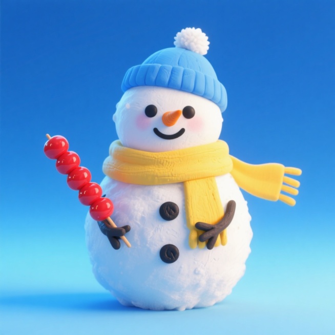 一个萌系雪人形象。它戴着蓝色帽子，系着黄色围巾，面带微笑，手里拿着糖葫芦。蓝色渐变背景。预览效果