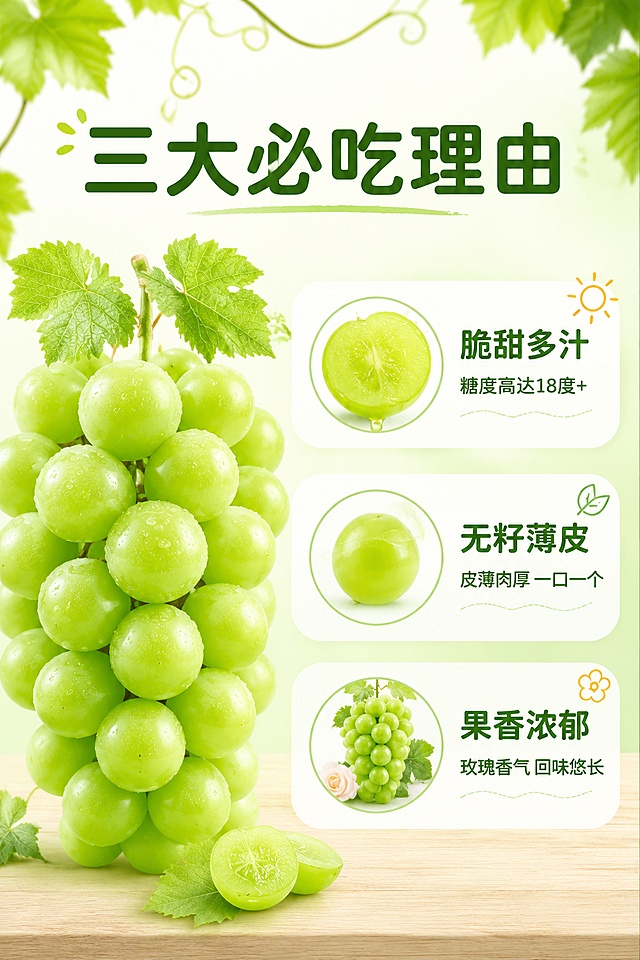 [第2屏] 详情页核心卖点-阳光玫瑰青提三大必吃理由。本屏使用【图1】作为商品主体参考。
[氛围/风格] 清新自然风，信息图表式排版，商业质感。
[元素布局] 画面左侧竖放一串阳光玫瑰青提，占比约40%；右侧分三栏展示三大卖点，每栏配圆形图标；背景淡青绿色，底部有浅色木纹台面；顶部装饰葡萄藤叶元素。
[光影质感] 均匀柔光，果粒清晰透亮，整体明亮干净。
[配色色系] 全局底色 #F1F8E9 浅绿；主色青提绿 #7CB342；辅助色白色卡片、深绿文字；点缀色浅黄。
[视角构图] 左图右文布局，正面平视，阅读动线从上到下。
[文字版式] 顶部大标题「三大必吃理由」圆润黑体；右侧三栏：第一栏图标+「脆甜多汁」副标题「糖度高达18度+」；第二栏图标+「无籽薄皮」副标题「皮薄肉厚 一口一个」；第三栏图标+「果香浓郁」副标题「玫瑰香气 回味悠长」；每栏配小图标装饰；字色深绿，统一圆润黑体。
[比例分辨率] 2:3竖版比例，4K分辨率，文字清晰可辨，高清画质。
[负向提示词] 葡萄变形，颜色偏差，卖点图标模糊，文字过小，水印，背景杂乱。
