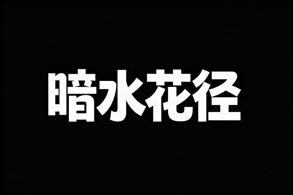 艺术字体设计“暗水流花径”，去掉重复的“流”字保留一个，横向排版，白色字体，纯黑色背景，极简风格，扁平矢量图形。采用黑体变形设计，笔画边缘厚重，拥有夸张的笔画张力和连笔处理，极具艺术感。笔画粗细均匀无预览效果