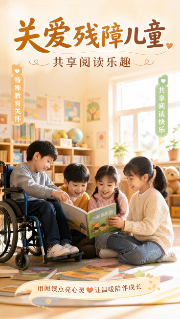 温暖治愈写实风格，特殊学校儿童在教室里共同阅读书籍的温馨场景。画面上方主标题文字"关爱残障儿童"，副标题文字"共享阅读乐趣"，画面下方装饰文案"用阅读点亮心灵 让温暖陪伴成长"，左侧卖点标签"特殊教育预览效果