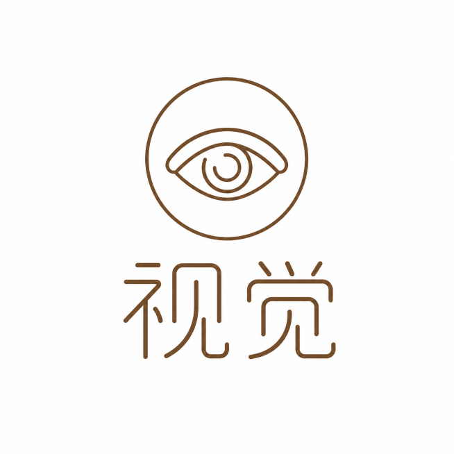 棕色线条，白色背景，干净背景，创意黑体字体设计两个字"视觉"，上方圆形边框包裹简约眼睛图形，保持与听觉设计相同排版，线条纤细流畅圆角处理，眼睛图形提炼为简约曲线置于圆形内，文字与图形上下分层，整体简洁预览效果