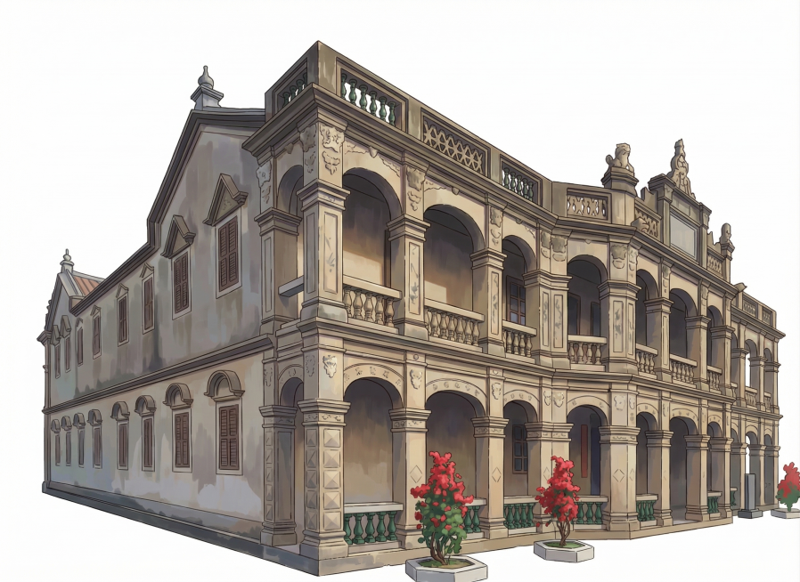 只保留这栋建筑，将建筑转换为动漫风格，背景替换为纯白色预览效果
