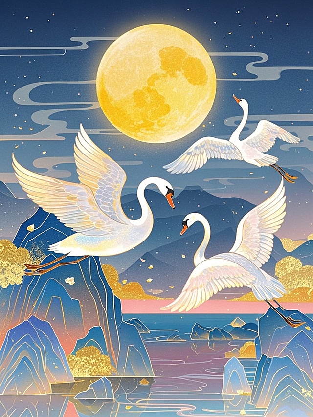 梦幻插画风，天鹅在虚拟自然中飞翔，映衬着满月，营造浪漫氛围。