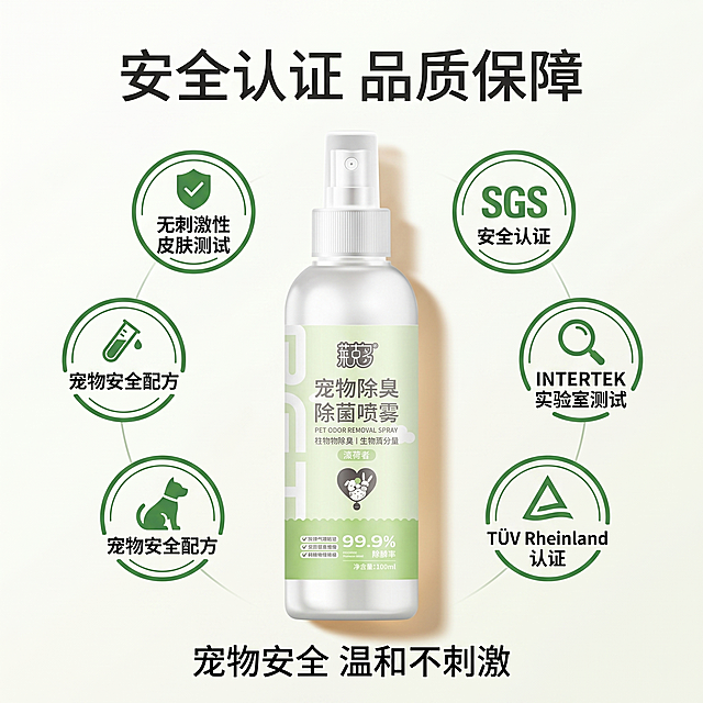 [主图-10] 权威安全认证展示图，增加信任促进转化。
[氛围风格] 专业可信，简洁干净。
[画质] 商业摄影质感、光线柔和通透、产品清晰真实、画面干净高级。
[元素] 产品居中放置，周围展示权威认证徽章，底部标注产品安全承诺。保持产品外观与输入产品图绝对一致，杜绝变形和色差。商品主体占比约60%，整体稳定干净。
[光影] 均匀柔和光线，产品和认证信息清晰可见。
[配色] 浅白色背景，绿色认证徽章突出安全，整体干净协调。
[视角构图] 产品居中，认证环绕，稳定均衡构图。
[文字版式] 顶部大标题「安全认证 品质保障」，产品下方文字说明「宠物安全 温和不刺激」，认证标识清晰不遮挡主体。
[比例分辨率] 1:1比例，2k分辨率，文字清晰锐利，超高清。
[负向提示词] 变形，水印，文字错乱，产品图模糊，背景杂乱，违规文字。