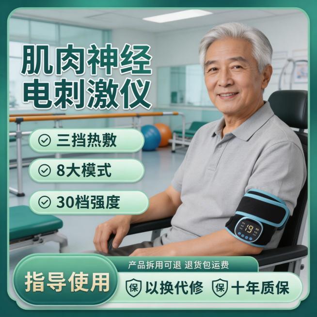 基于原图修改：保持产品（肌肉神经电刺激仪）外观完全不变，更换为中老年男性模特，改变为放松坐姿的肢体康复佩戴动作，更换背景为医院康复训练室场景，保留全部卖点文字内容：肌肉神经电刺激仪 三挡热敷 8大模式预览效果