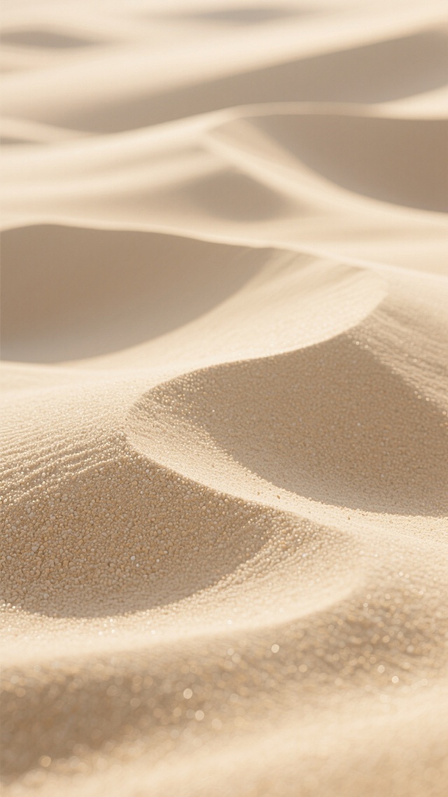 高清质感的沙粒纹理背景，自然形成的柔和波浪状沙丘纹路，浅米黄色的主色调，细腻均匀的沙粒颗粒感，顶部柔和自然光照射下形成的微妙光影渐变，高光区域与阴影部分过渡自然，整体呈现出温暖、宁静、细腻的自然质感，无任何文字或图案元素，画面纯净且具有强烈的触觉真实感。