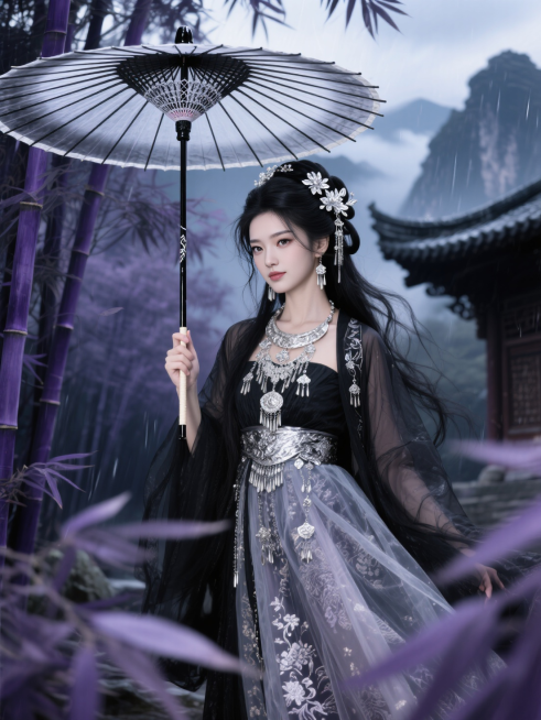 在充满神秘氛围的古风建筑场景中，身着华丽传统服饰的东方女子为核心主体。全身，全身人像写真，超低角度广角视角。她黑色凌乱长发，鬓角两侧有长发，头上插着银花与精致的银发饰，佩戴繁复且精美的银质项链、耳饰等预览效果