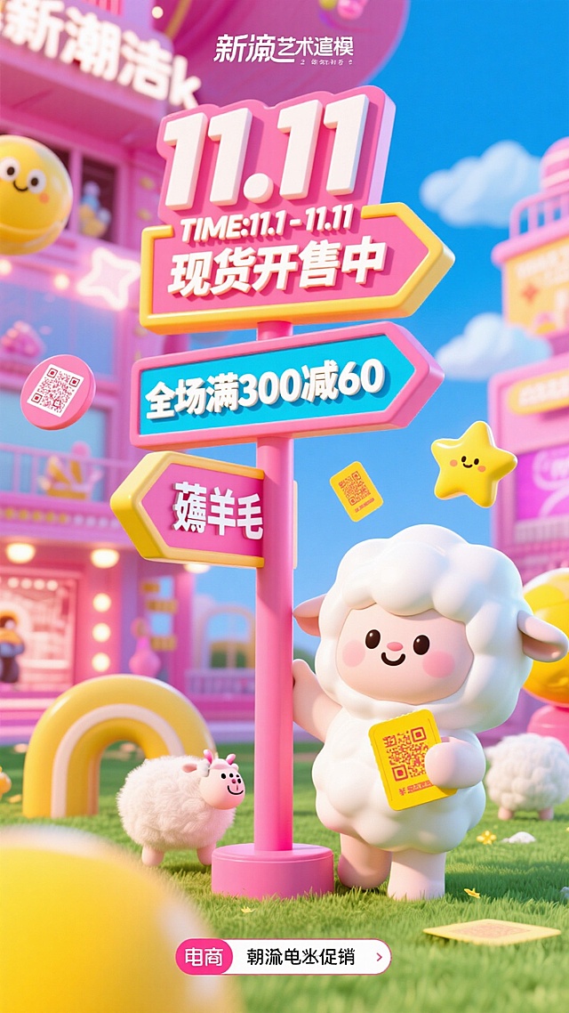 双十一促销海报，3D 卡通风格，鲜艳色彩（粉、黄、蓝），多层立体指示牌带有醒目文字：11.11 ， TIME:11.1-11.11，现货开售中’‘全场满300减60，薅羊毛，一只可爱的白色小羊的卡通形象倚靠再指示牌旁边，手持代金券，电商美妆背景，画面中有漂浮的代金券和黄色星星，促销二维码，动感热闹的氛围，照片级 3D 渲染，8k 分辨率。