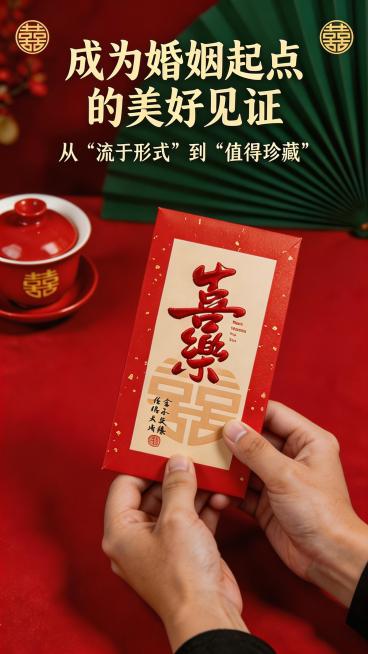 新中式国风高端婚庆礼品摄影，参考原图场景，保留单个加厚硬挺版型中式婚庆红包，双手持握展示单个红包正面细节。画面上方修改文字：居中鎏金色主文案"成为婚姻起点的美好见证"，主文案下方米白色副文案"从 “流预览效果