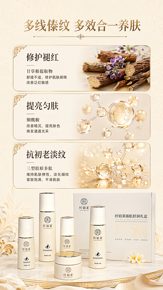5. 第 5 屏｜双乳日夜分护提示词（双层傣纹肌理）
中文完整提示词
9:16 竖版详情页，浅米色底双层分层傣族肌理暗纹，画面左右对半分割，左侧日间舒润调理乳，搭配通勤窗边自然光场景，右侧夜间屏障修护乳，搭配床头夜间护肤氛围，中间用双层香槟金傣纹线条分割两块区域，两款乳液质地微距滴落特写，柔和冷暖对比光影，清晰区分日夜功效，鎏金标题「双层傣纹 双乳日夜分护」，简约干净分栏版式，生活化护肤场景实拍风
6. 第 6 屏｜多效合一功效提示词（多线交织傣纹）
中文完整提示词
9:16 竖版电商详情，奶杏底色交织型傣族多线条花卉暗纹，页面均匀分布三块圆角功效卡片，每张卡片角落点缀迷你鎏金傣纹小花边，分别对应三大功效模块：1. 修护褪红（甘草植萃原料实拍）2. 提亮匀肤（烟酰胺分子球体）3. 抗初老淡纹（三型胶原多肽），卡片内柔和浅底色，整体排版均衡舒展，低饱和暖调，鎏金标题「多线傣纹 多效合一养肤」，植萃原料 + 分子特效结合，多功能护肤科普视觉「图片1」「图片1」请使用电商详情页技能