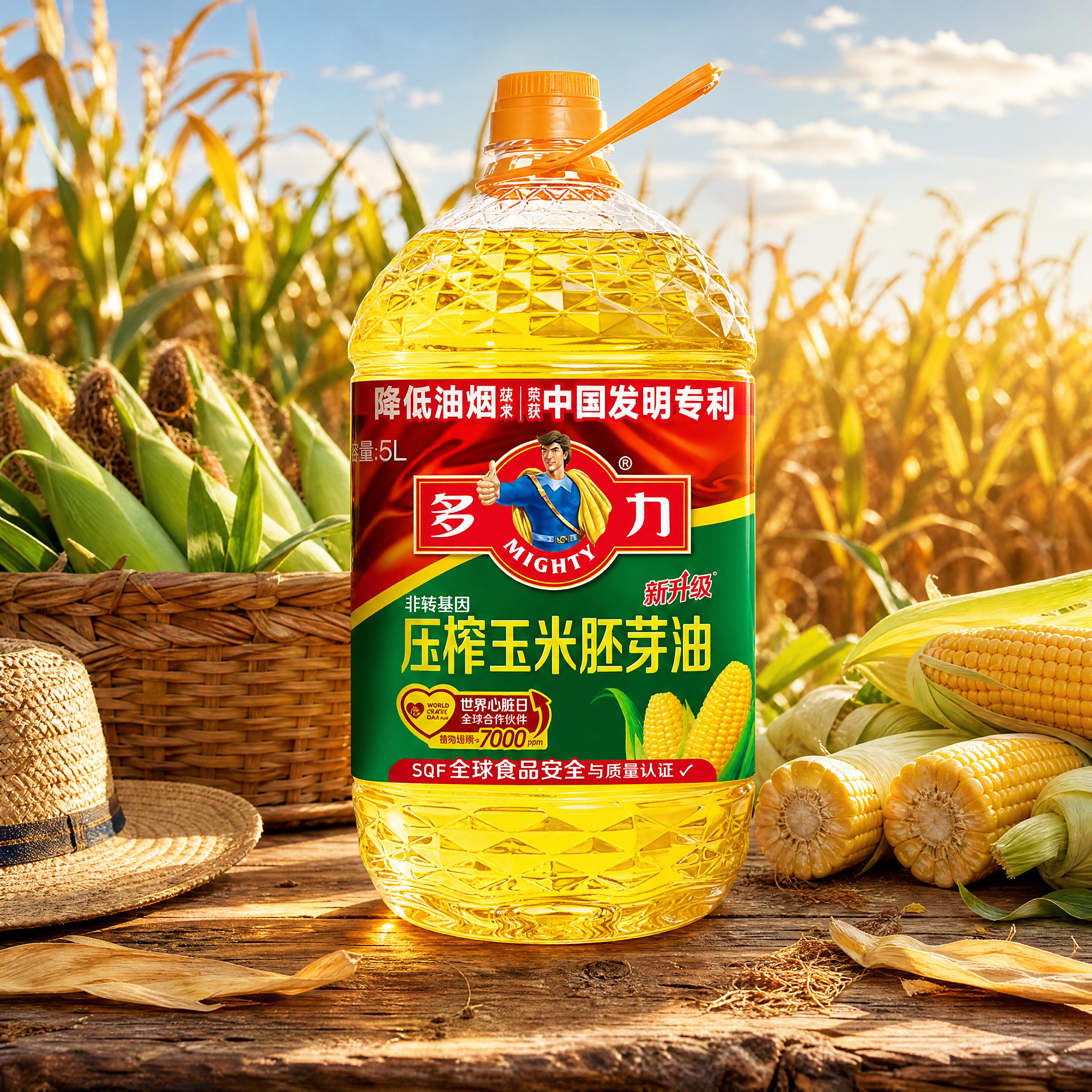 超写实食品商业摄影。 主体：5L装玉米油桶严格参照上传产品图，… - 图片创意预览