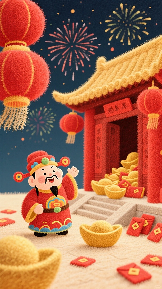 软3D毛绒质感插画，卡通财神喜迎新春，红灯笼与烟花点缀夜空，粘土风建筑与金元宝营造浓厚节日氛围。