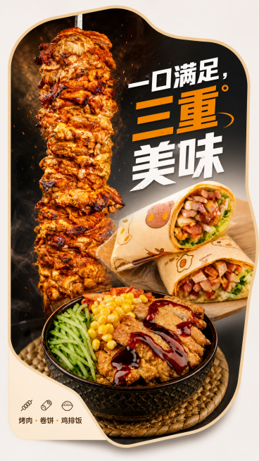 将三张图片（烤肉、卷饼、鸡排饭）合成为异形板广告牌，配上合适的美食广告词，简约现代风格预览效果