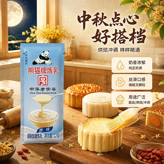 [主图-2] 中秋烘焙场景卖点图，展示炼乳在中秋点心中的应用。
[氛围风格] 温馨厨房烘焙场景，中秋国风元素点缀，暖色调家居感；
[画质] 商业摄影质感、光线柔和自然、产品清晰真实、细节丰富、画面干净高级。
[元素] 画面中央偏左位置摆放熊猫牌炼乳小包装袋，保持产品外观（物理结构、材质质感、颜色、熊猫图案、品牌文字）与输入产品图完全一致，杜绝任何变形和色差。包装袋旁有一只正在被制作的中秋月饼，月饼皮上正用刷子刷上一层金黄的炼乳，旁边摆放着烘焙工具：硅胶刷、小擀面杖、木质案板。案板上还有几个已做好的冰皮月饼和莲蓉蛋黄月饼，月饼旁散落着几颗枸杞和桂花装饰。背景是温馨的中式厨房一角，浅木色橱柜，窗户外可以看到圆圆的中秋月亮，窗台上放着一小盆桂花。画面右上角有几片桂花叶垂落。商品主体占比约60%，场景丰富有生活气息。
[光影] 自然光从左侧窗户洒入，暖黄色调，柔和均匀；厨房顶灯提供辅助漫射光，突出食物的油亮光泽和炼乳的浓稠质感；产品正面受光充分，阴影柔和自然，整体温暖有食欲。
[配色] 主色暖木棕+奶白（厨房场景）；辅色金黄（月饼、炼乳、月光）；强调色浅蓝（包装袋主色）。与首图色板统一，暖色调为主。
[视角构图] 45度俯视角度，厨房台面为主要展示面，产品与烘焙食材自然摆放；前中后景层次分明，前景为月饼与工具，中景为炼乳包装袋，背景为窗户与月光。
[文字版式] 右上角主文案："中秋点心好搭档"，暖棕色粗体书法字，字号最大。主文案下方辅助文案："烘焙冲调 样样精通"，深棕色细黑体，字号约为一半。右侧中部用三个圆角小卡片竖向排列展示卖点：卡片1「奶香浓郁」「纯正奶源」、卡片2「丝滑口感」「细腻无颗粒」、卡片3「用途广泛」「甜品/烘焙/冲调」。卡片底色为奶白色，文字为深棕色，图标为金黄色小图标。
[输出要求] 1:1比例，文字清晰锐利可辨，超高清商业摄影质感。
[负向提示词] 变形，文字错乱，产品图模糊，背景杂乱，水印，电商平台Logo，多余的手，手指畸形，人物面部扭曲。
